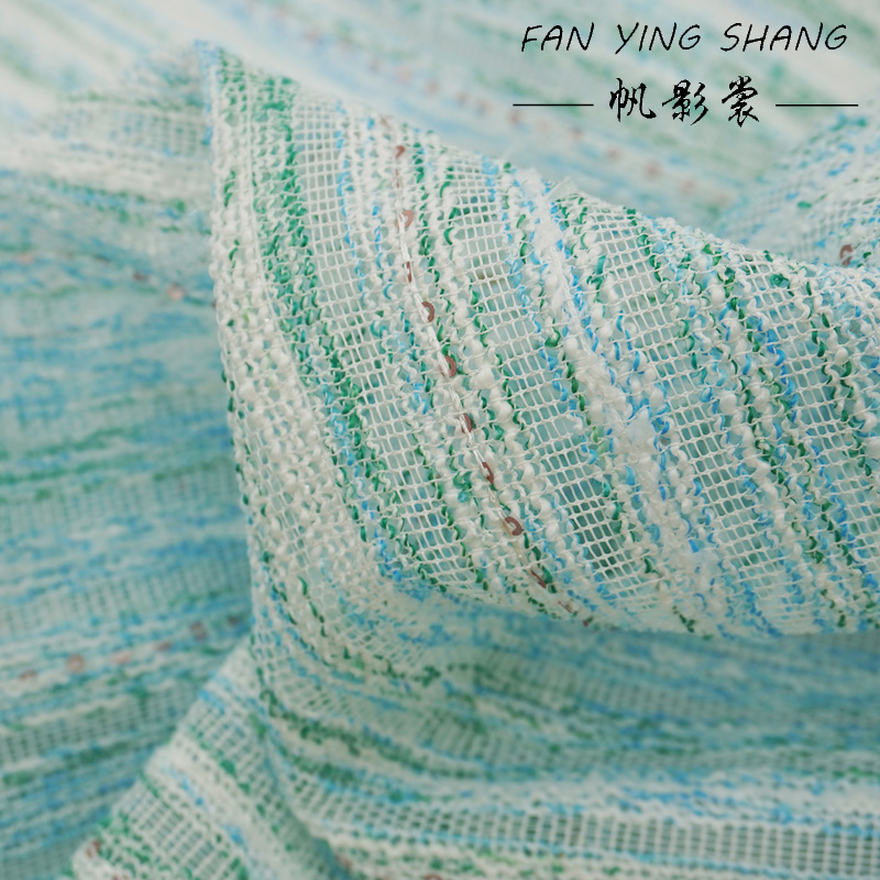 Sewing Tweed - Frischer Stil, blau-grün gestreifter Pailletten-Bouclé-Tweedstoff, strukturierter