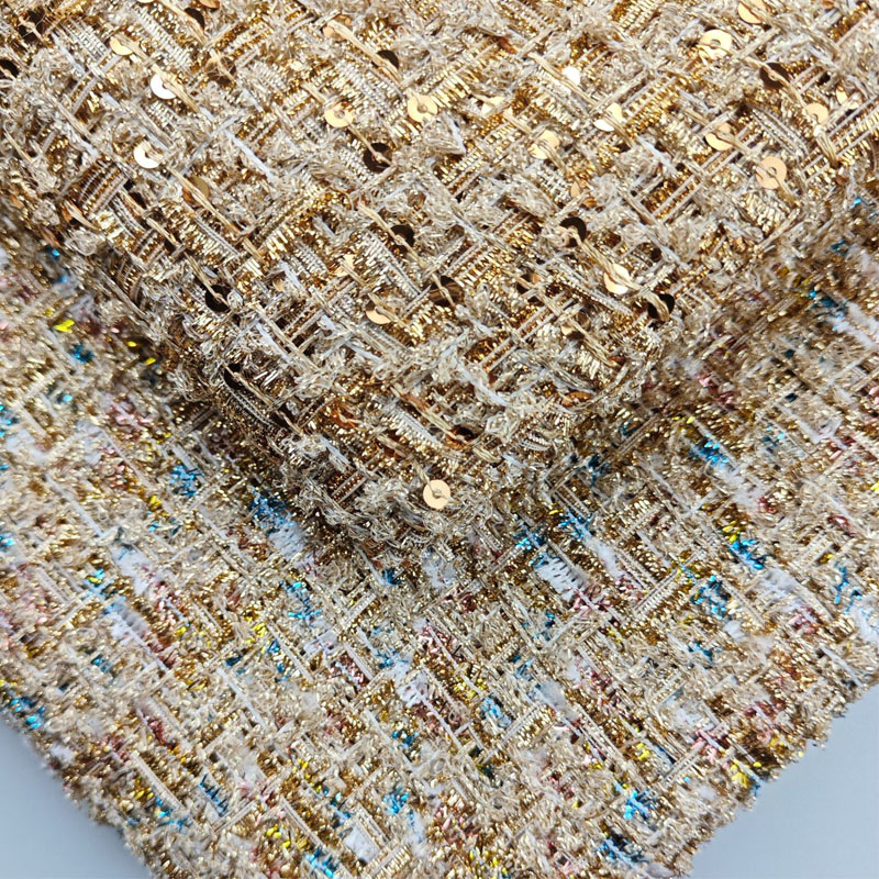 Sewing Tweed - Golddraht und Pailletten, garngefärbter geflochtener Tweed-Stoff