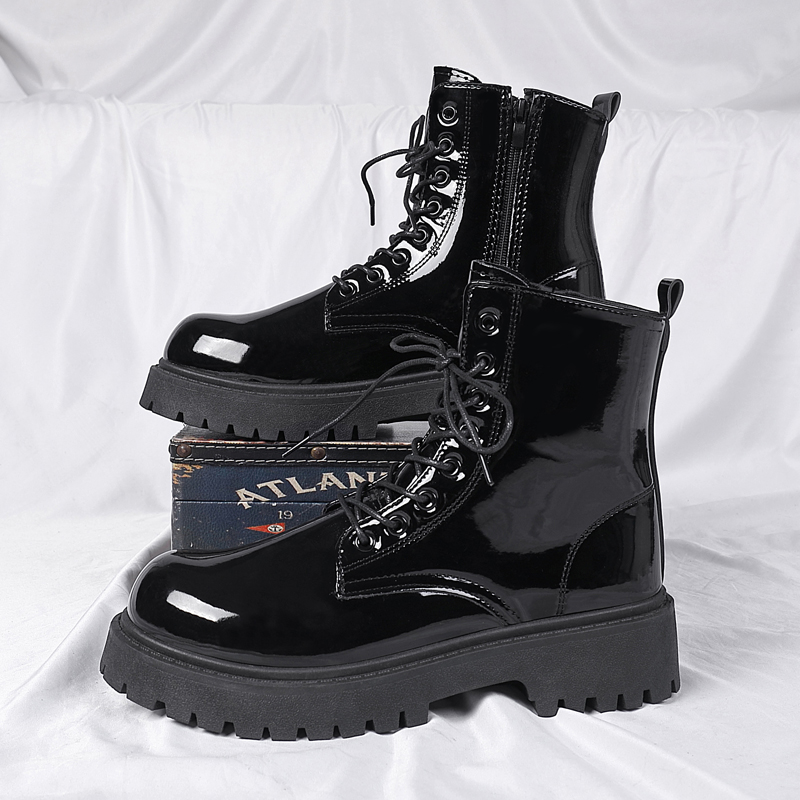 Sewing Zipper - Combat-Knöchelstiefel, Lacklederstiefel, glänzende Stiefel, Stiefel mit