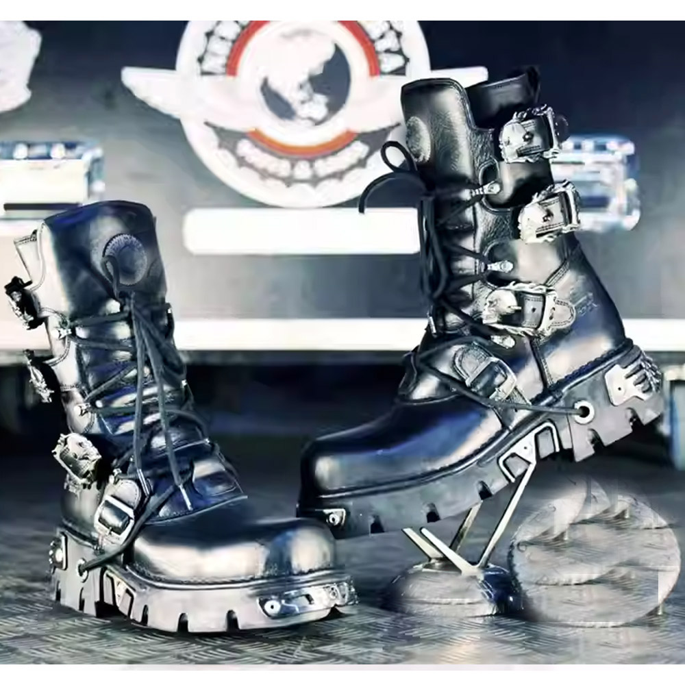 Sewing Zipper - Neue Herren Punk Motorradstiefel mit Metallabsatz,