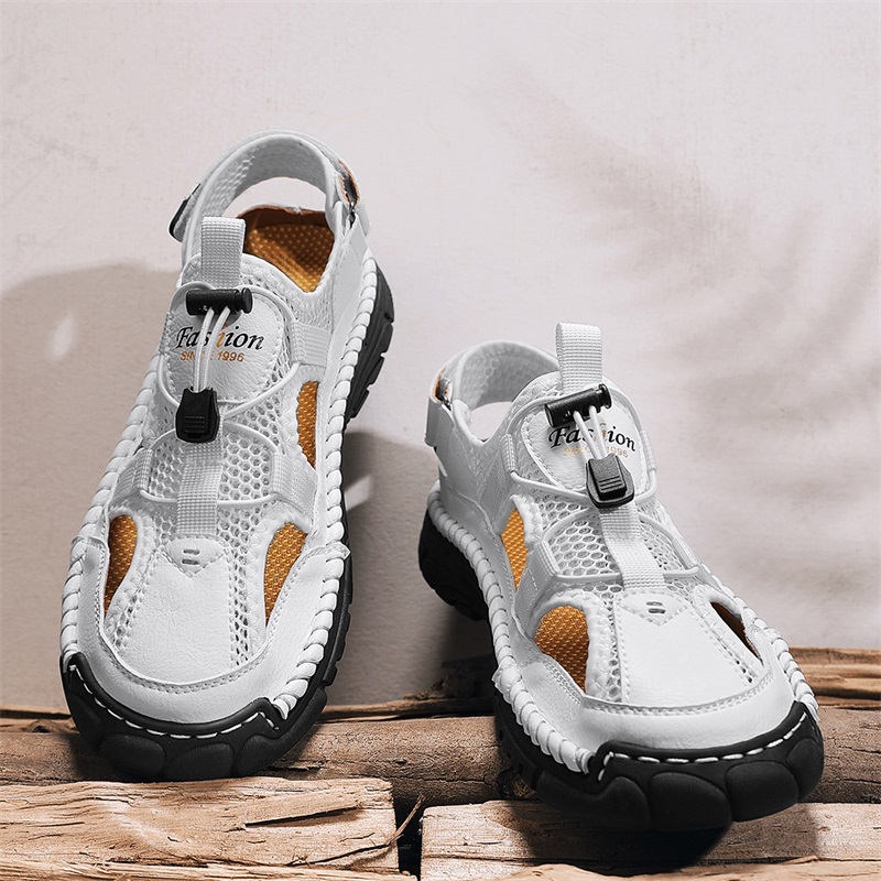 Velcro Sew On - Handgefertigte, einfache Herren-Sandalen mit Buchstabendruck, Sommer-Strand-Hohlsandalen,